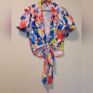 Unbranded Women's Multi Color Short Puffy Sleeve Ties Ways Size Medium